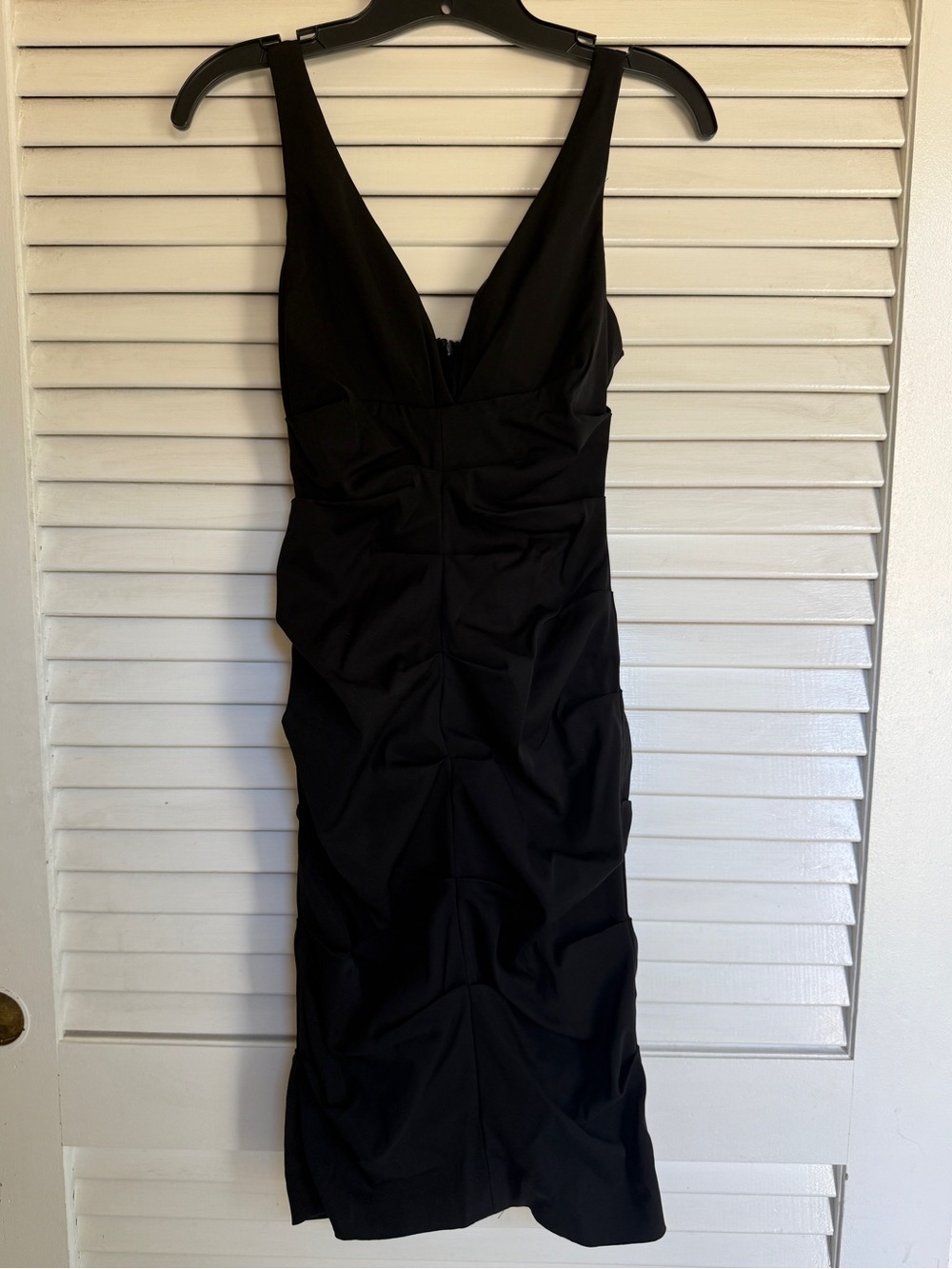 Xscape Black Ruched V-Neck Midi Dress